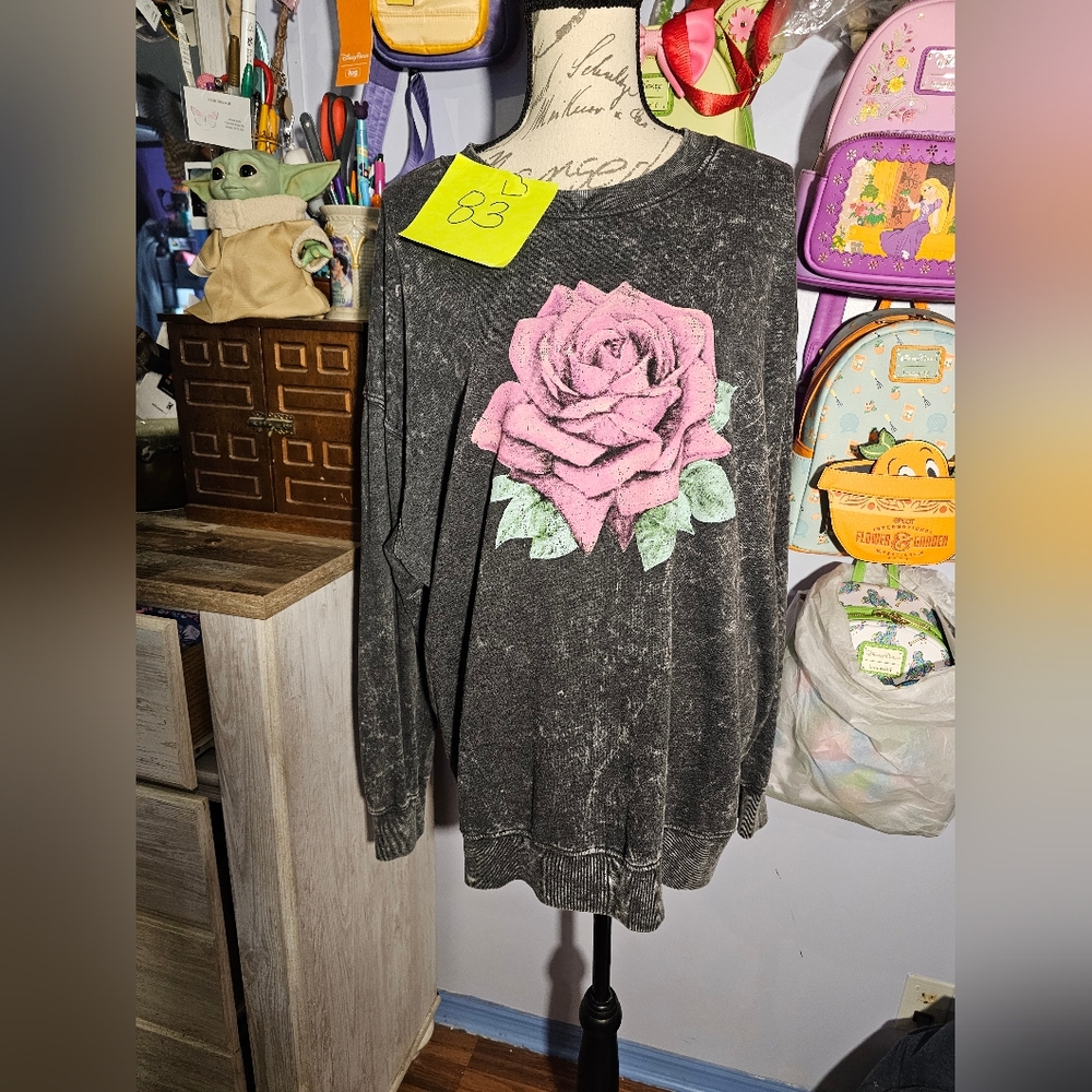 Rebellious One Charcoal Sweatshirt with Pink Rose